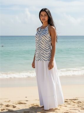 Tahari 100% Linen Blue and White Zebra Print Tank Top Medium